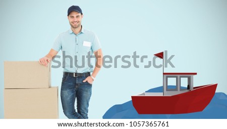 Digital composite of Delivery man leaning on parcels by 3d boat
