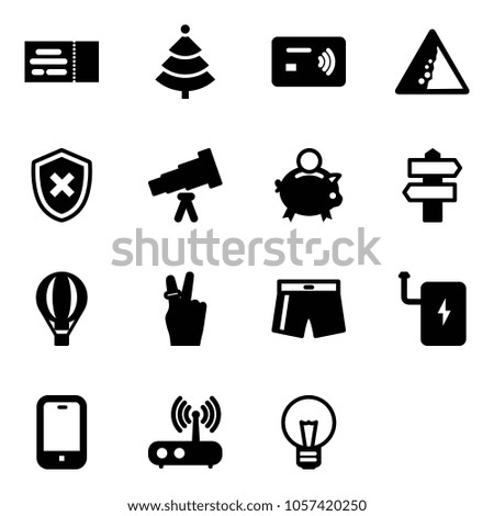 Solid vector icon set - ticket vector, christmas tree, tap pay, landslide road sign, shield cross, telescope, piggy bank, signpost, air balloon, victory, swimsuit, power, mobile phone, wi fi router
