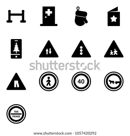 Solid vector icon set - vip zone vector, first aid room, christmas glove, star postcard, mobile, oncoming traffic road sign, light, children, narrows, no pedestrian, speed limit 40, cart horse