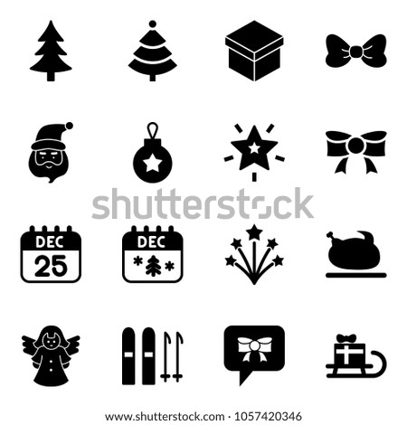 Solid vector icon set - christmas tree vector, gift, bow, santa claus, ball, star, 25 dec calendar, firework, turkey, angel, ski, message, sleigh