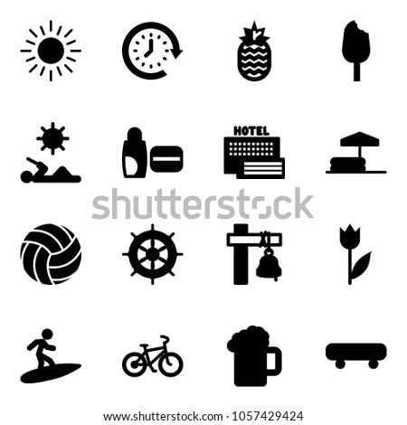 Solid vector icon set - sun vector, clock around, pineapple, ice cream, reading, uv, sea hotel, inflatable pool, volleyball, hand wheel, ship bell, tulip, surfing, bike, beer, skateboard