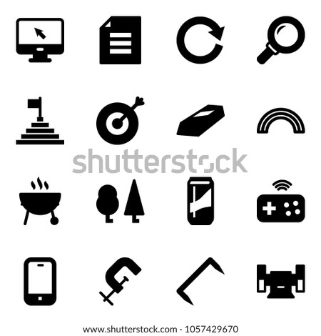 Solid vector icon set - monitor cursor vector, document, reload, magnifier, pyramid flag, target, gold, rainbow, grill, forest, drink, joystick wireless, mobile phone, clamp, staple, sharpening