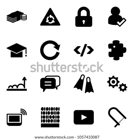 Solid vector icon set - cash vector, round motion road sign, locked, user check, graduate hat, reload, tag code, puzzle, growth, dialog, flippers, gear, notebook wi fi, binary, playback, fretsaw