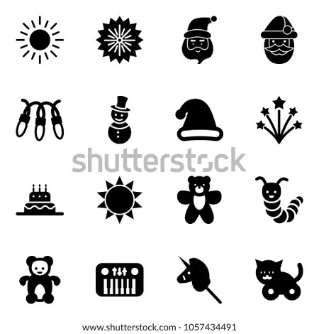 Solid vector icon set - sun vector, firework, santa claus, garland, snowman, christmas hat, cake, bear toy, caterpillar, piano, unicorn stick, cat