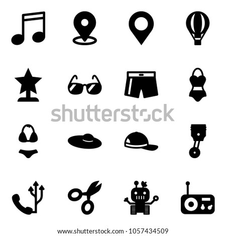 Solid vector icon set - music vector, map pin, air balloon, award, sunglasses, swimsuit, woman hat, cap, piston, phone, scissors, robot, radio