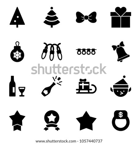 Solid vector icon set - christmas tree vector, bow, gift, ball, garland, bell, wine, champagne, sleigh, elf, star medal, finger ring