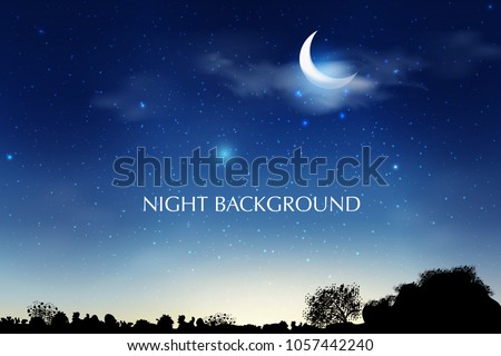 Blue dark Night sky background with half moon, clouds and stars. Moonlight night. Vector illustration. Milkyway cosmos background
