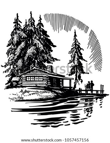 Beautiful Cabin By A Lake - Retro Clip Art Illustration