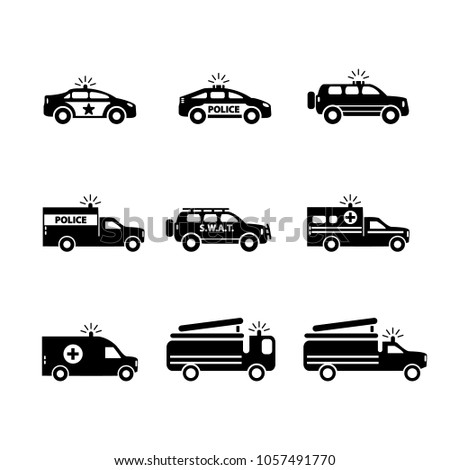 Emergency transportation icon set. Vector illustration. Police, firefighters and ambulance vehicles. 