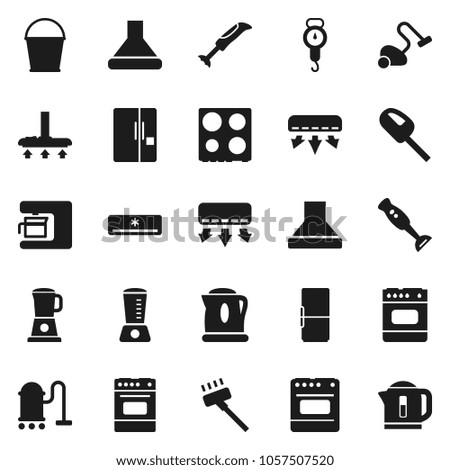 Flat vector icon set - vacuum cleaner vector, bucket, scales, oven, blender, air conditioner, fridge, coffee maker, hood, kettle