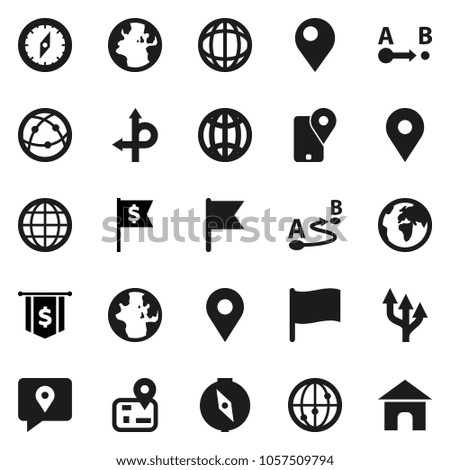 Flat vector icon set - compass vector, world, flag, dollar, route, navigator, earth, map pin, traking, internet, globe, arrow, home