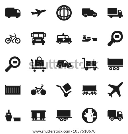 Flat vector icon set - school bus vector, world, bike, Railway carriage, plane, truck trailer, sea container, delivery, car, port, cargo, search, amkbulance, trolley