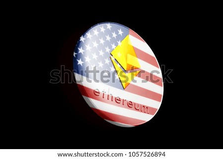 Ethereum (Ether) coin with USA (United States, America) flag isolated on over black background