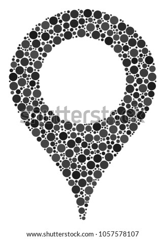 Map Marker mosaic of round dots in variable sizes and color shades. Circle elements are united into map marker vector collage. Vector illustration.