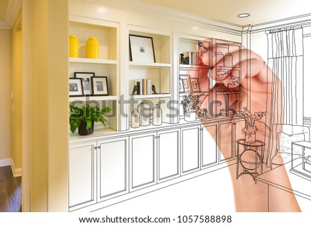 Hand Drawing Home Built-in Shelves and Cabinets with Photo Cross Section Showing.