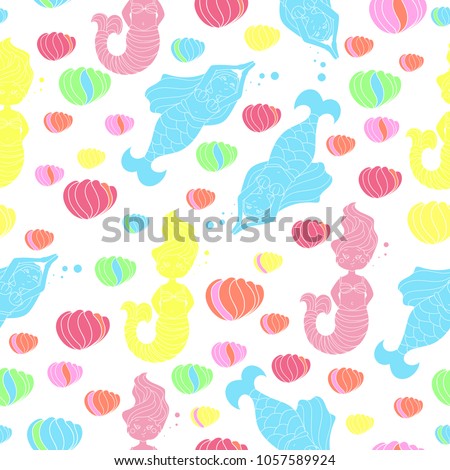 Cute and funny hand drawn mermaid and fish seamless pattern vector
