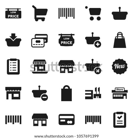 Flat vector icon set - office vector, barcode, low price signboard, credit card, new, shopping bag, store, mall, basket, cart, list