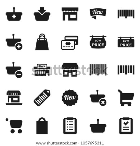 Flat vector icon set - office vector, barcode, low price signboard, credit card, new, shopping bag, store, mall, basket, cart, list