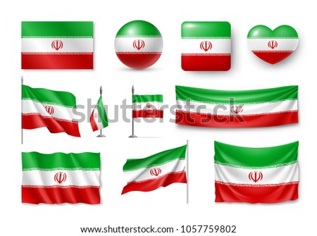 Set Iran flags, banners, banners, symbols, flat icon. Vector illustration of collection of national symbols on various objects and state signs