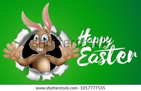 The Easter sign with bunny rabbit cartoon character breaking through the background and waving