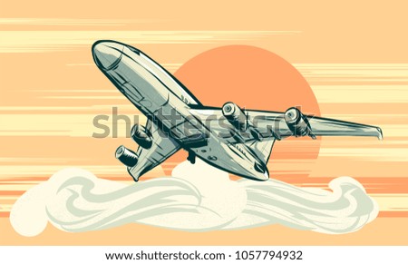 Hand drawn passenger airplane flies above the cloud with the orange sunset in the background.