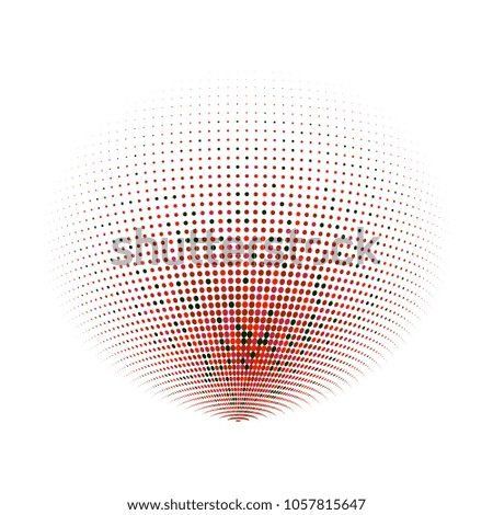 Abstract globe dotted sphere, 3d halftone dot effect. Black and red dots in white background. Vector illustration. It can use as logo, icon, banner, business card. Modern minimal covers design.