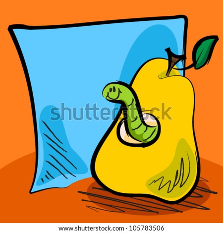 EPS 10: Fun grungy cartoon of friendly worm inside a pear in front of blue paper or sticky note for your text, perfect for back to school or other concept.