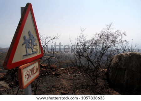 Fire Damaged Signs in Elviria,  Spain.  Escuela (School) warning signs have been fire damaged.