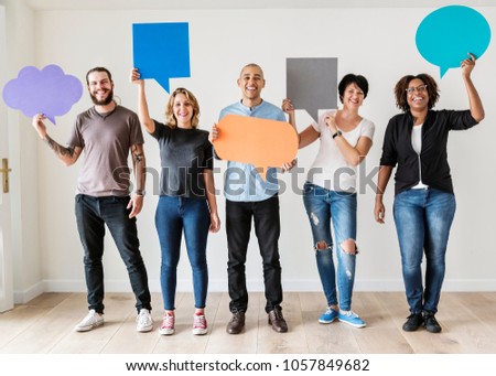 Group of diverse people with speech bubbles icons Royalty-Free Stock Photo #1057849682