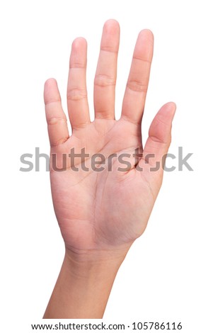Image of Counting woman's left hands finger number 5 or10 isolated on white background