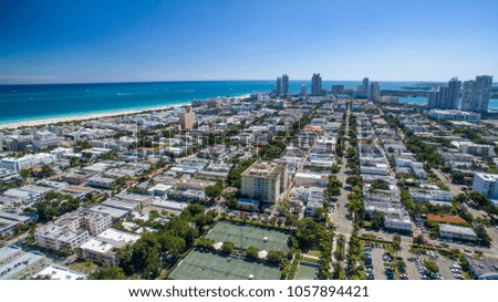 Aerial view of Miami Beach park and skyline on a beautiful sunny day.