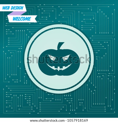 halloween pumpkin icon on a green background, with arrows in different directions. It appears on the electronic board. Vector illustration