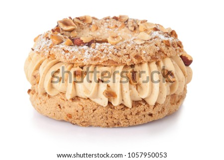 traditional paris brest french pastry cake concfectioner isolated in studio on white background