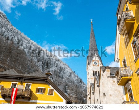 church blue sky salzburg suatria snow winter season