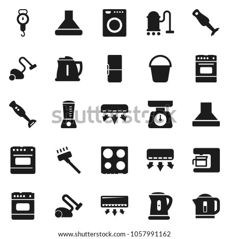 Flat vector icon set - vacuum cleaner vector, bucket, kettle, scales, oven, blender, air conditioner, fridge, washer, coffee maker, hood