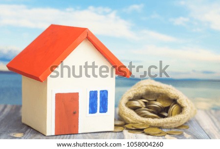 A home with red roof on blue background with bag from sack coins money inside concept of sell or buy home