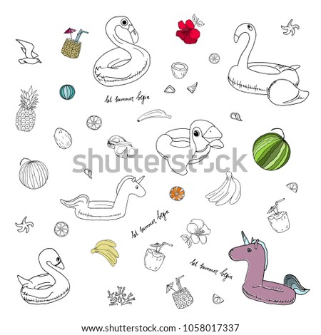 Vector illustration. Pen style drawing. Summer objects set.