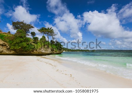Malay, Philippines - January 09, 2016: trees on top of a rock formation on a beach with a very blue sky on the Boracay island, on the city of Malay, Philippines.