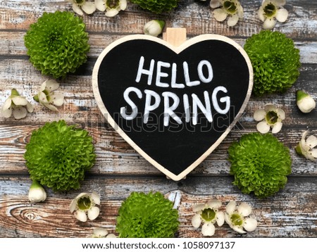 hello spring chalkboard with santini flowers on rustic wooden background. rustic spring flatlay