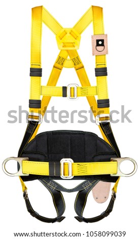 safety harness equipment and lanyard for work at heights isolated on a white background Royalty-Free Stock Photo #1058099039
