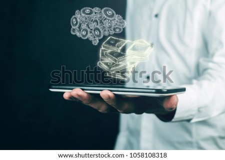 Human brain with gears and money