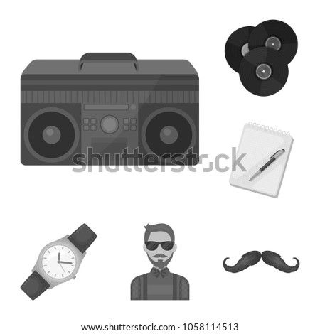 Style Hipster monochrome icons in set collection for design. Hipster Attributes and accessories vector symbol stock web illustration.