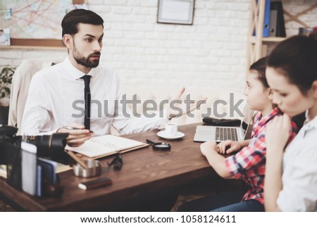Private detective agency. Man in tie is talking to clients woman and daughter.