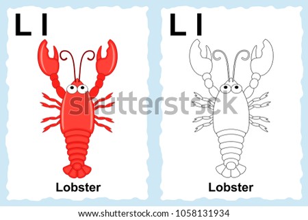 Alphabet coloring book page with outline clip art to color. Letter L. Lobster. Vector animals.