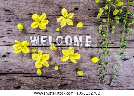 Word "welcome" with spring yellow flower on wooden background.