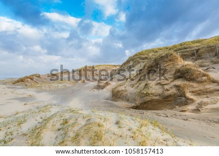 Beautiful winters dune scenery along Dutch North Sea coast with by wind power carved   deep holes with steep walls and European Beachgrass against a background of a sky with blue spots and gray clouds