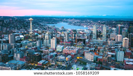 Seattle Panoramic South Lake Union Buildings Under Construction Center Growing City Sunset Red Clouds Aerial View Looking North