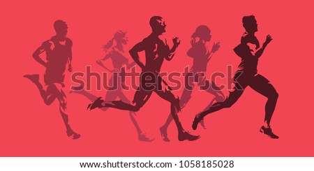 Running men and women, active people. Monochromatic isolated vector silhouettes Royalty-Free Stock Photo #1058185028