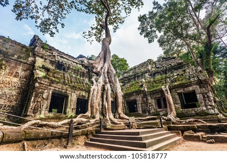 Classical picture of Ta Prohm Temple, Angkor, Cambodia Royalty-Free Stock Photo #105818777