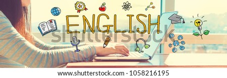 English with woman working on a laptop in brightly lit room